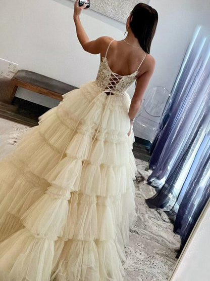Beaded Spaghetti Strap Ruffle Tie Ball Gown