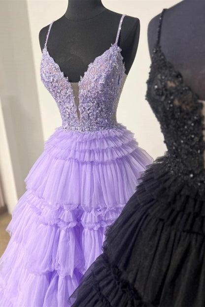 Beaded Spaghetti Strap Ruffle Tie Ball Gown