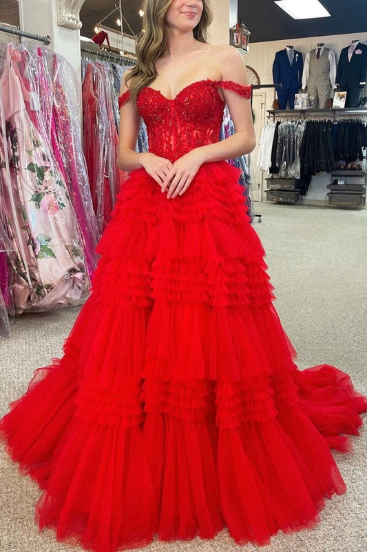 Tulle Off-the-Shoulder Ruffle Tie Long Prom Dresses