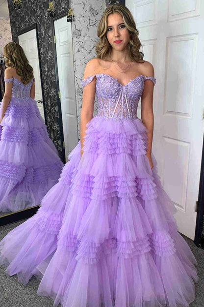 Tulle Off-the-Shoulder Ruffle Tie Long Prom Dresses
