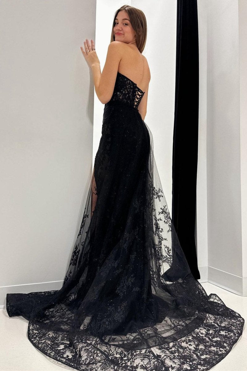 Lace Strapless Long Formal Dresses with Attached Train