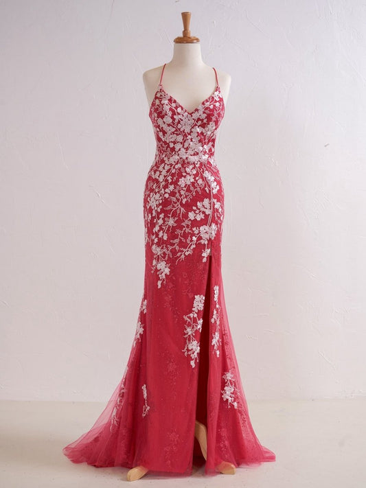 Mermaid V Neck Long Prom Dresses with Appliques Beading