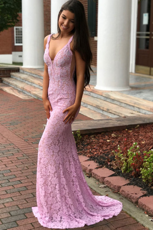 Elegant Mermaid V-Neck Lace Prom Dresses
