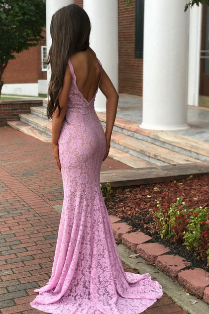 Elegant Mermaid V-Neck Lace Prom Dresses