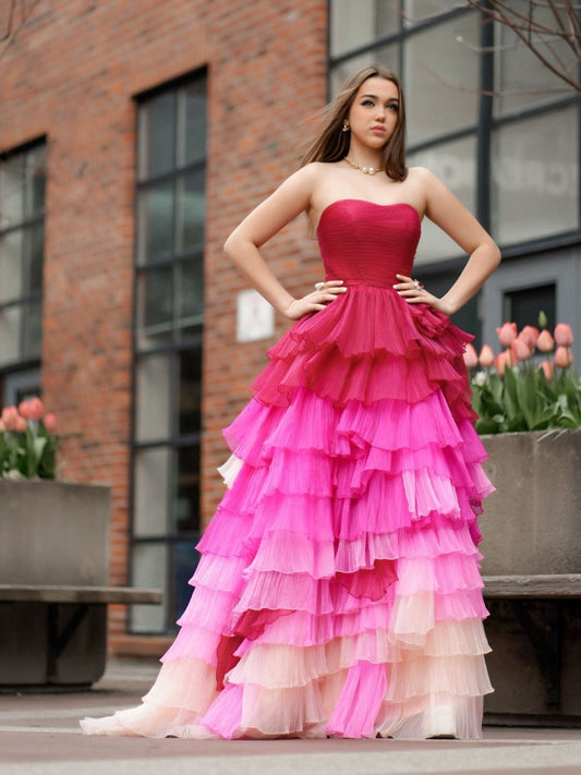 Sweetheart Pleated Bodice Long Prom Dresses with Ruffles