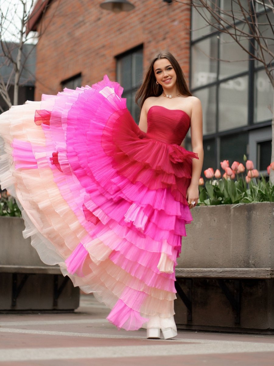 Sweetheart Pleated Bodice Long Prom Dresses with Ruffles