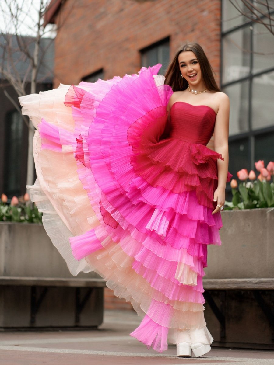 Sweetheart Pleated Bodice Long Prom Dresses with Ruffles