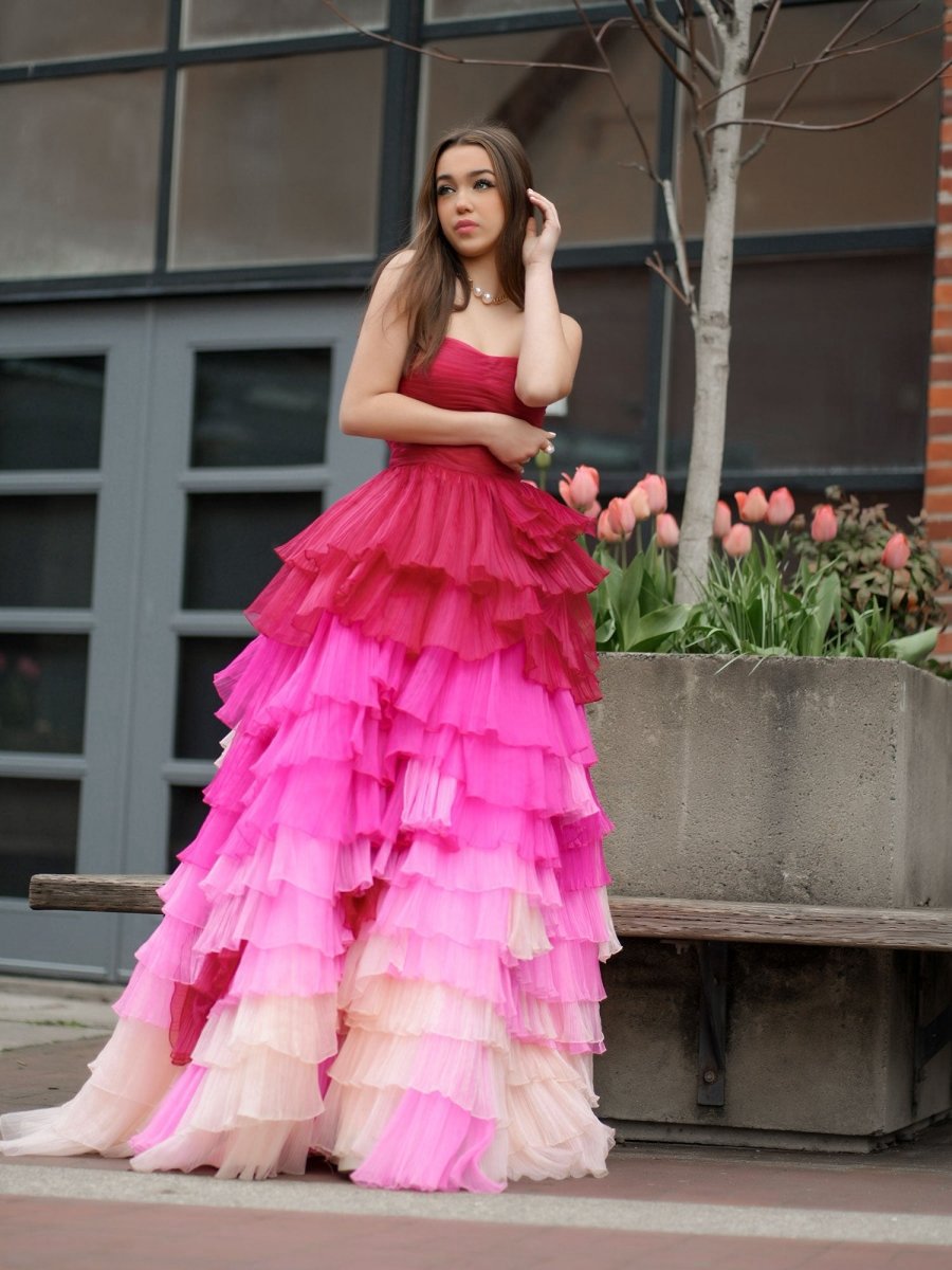 Sweetheart Pleated Bodice Long Prom Dresses with Ruffles