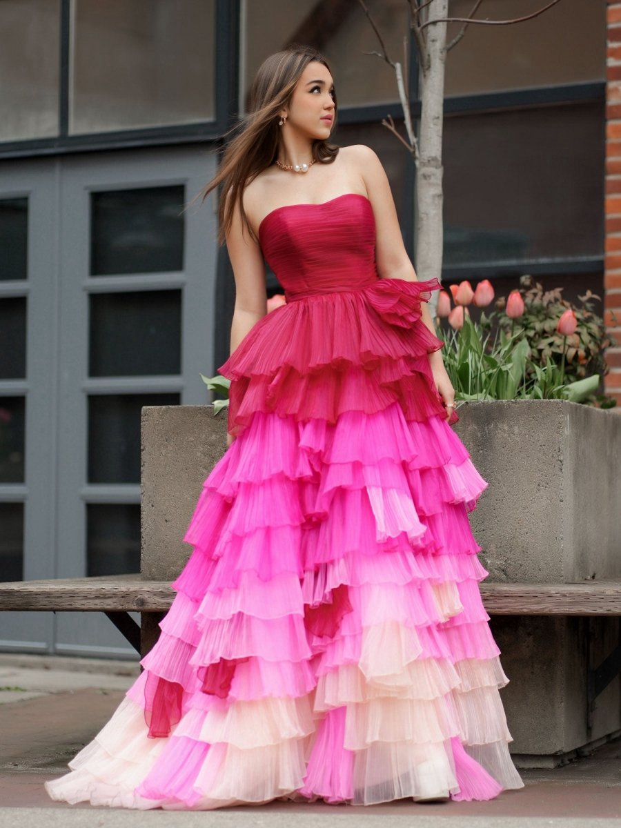 Sweetheart Pleated Bodice Long Prom Dresses with Ruffles