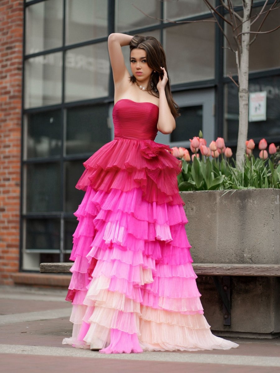 Sweetheart Pleated Bodice Long Prom Dresses with Ruffles