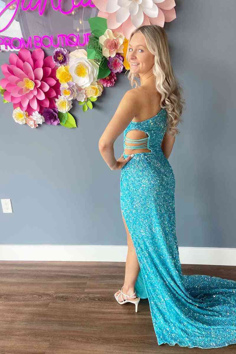 One Shoulder Cut-Out Mermaid Sequins Slit Long Prom Dresses