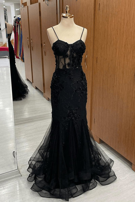 Sweetheart Straps Mermaid Appliques Tulle Long Prom Dresses