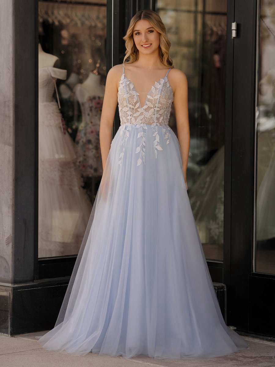V Neck Lace-Up Appliques Tulle Long Prom Dresses