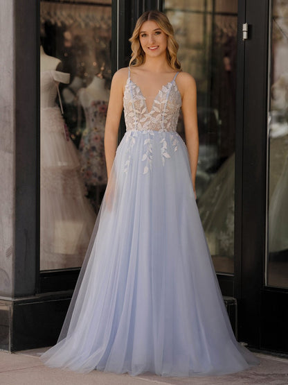 V Neck Lace-Up Appliques Tulle Long Prom Dresses