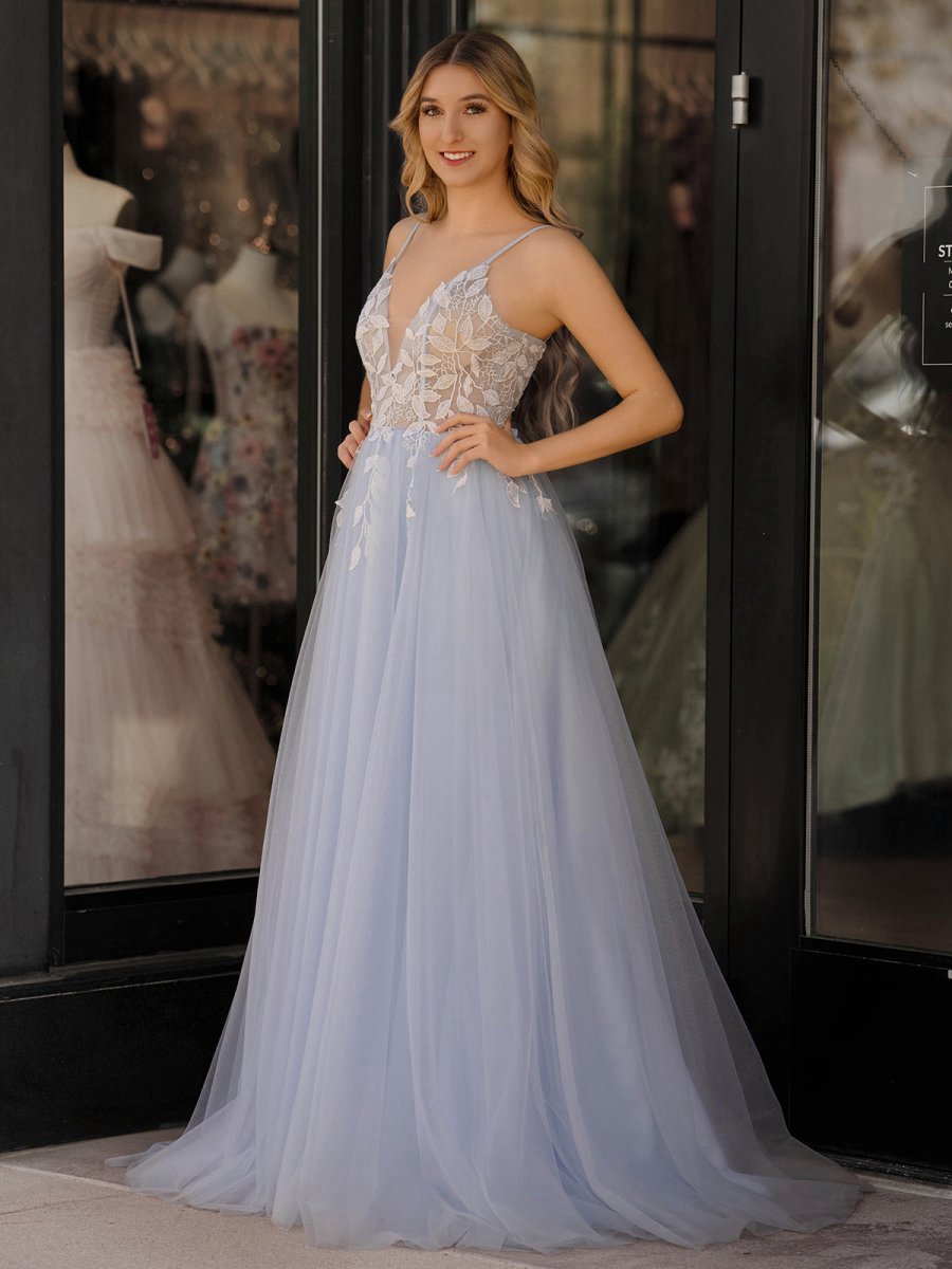 V Neck Lace-Up Appliques Tulle Long Prom Dresses