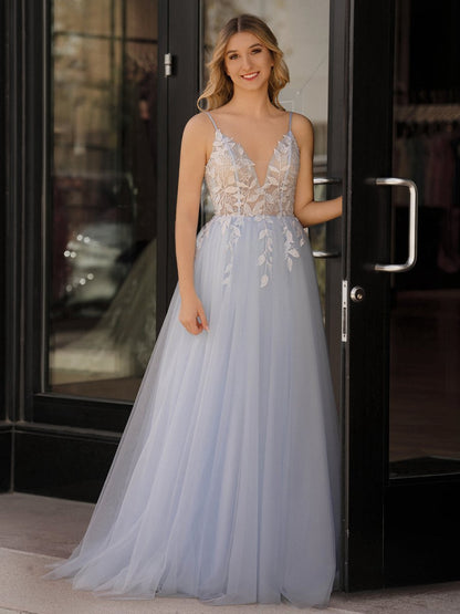 V Neck Lace-Up Appliques Tulle Long Prom Dresses