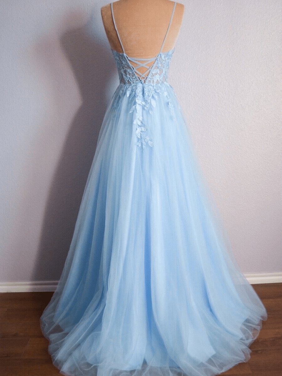 V Neck Lace-Up Appliques Tulle Long Prom Dresses
