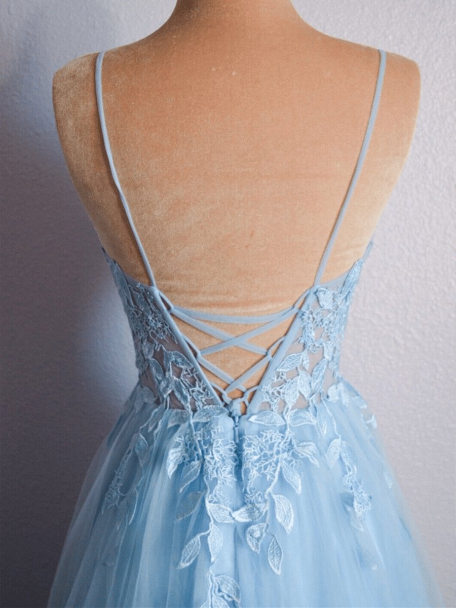 V Neck Lace-Up Appliques Tulle Long Prom Dresses