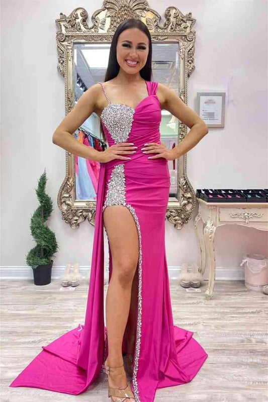 Chic Asymmertrical Beaded Long Porm Dresses