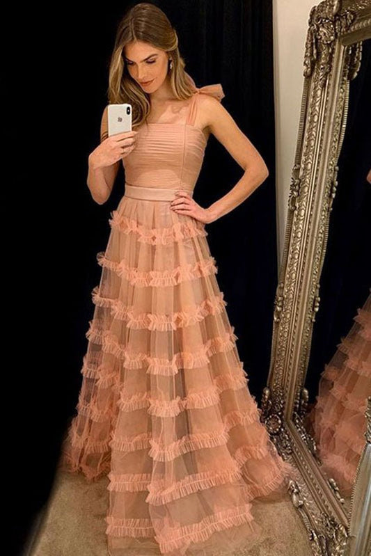 Elegant Straps Peach Long Prom Dresses with Cascading Ruffles