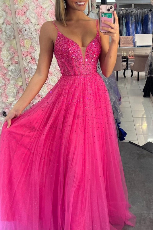 Straps Beaded A-line Long Formal Dresses