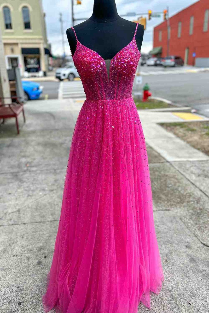 Straps Beaded A-line Long Formal Dresses