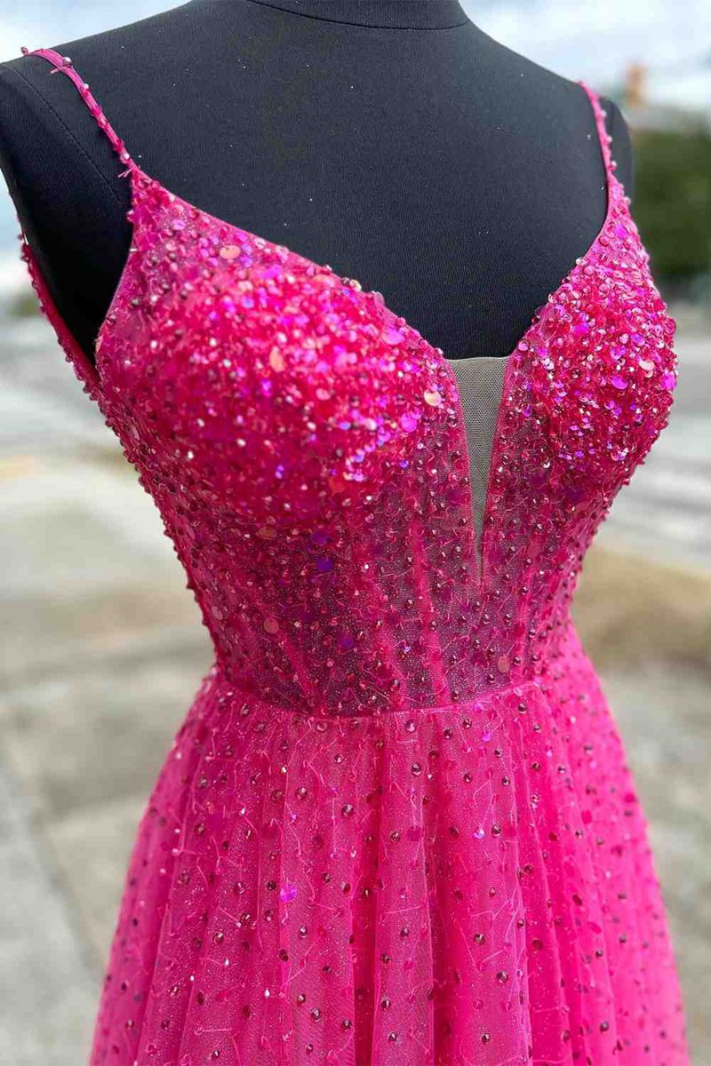 Straps Beaded A-line Long Formal Dresses