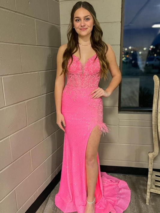 Mermaid V Neck Backless Tight Long Prom Dresses with Slit