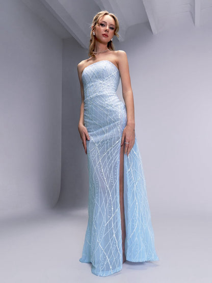 A-line Strapless Long Prom Dresses Unique Evening Dresses