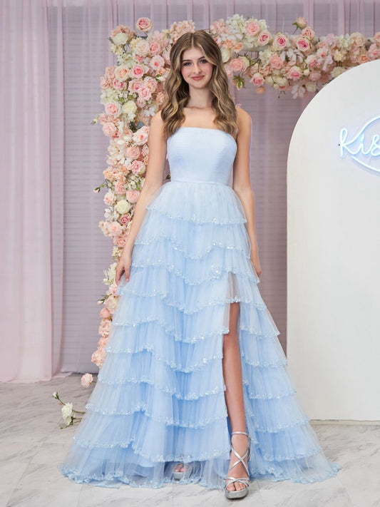 Strapless Layered Tulle Prom Dresses with Sequins