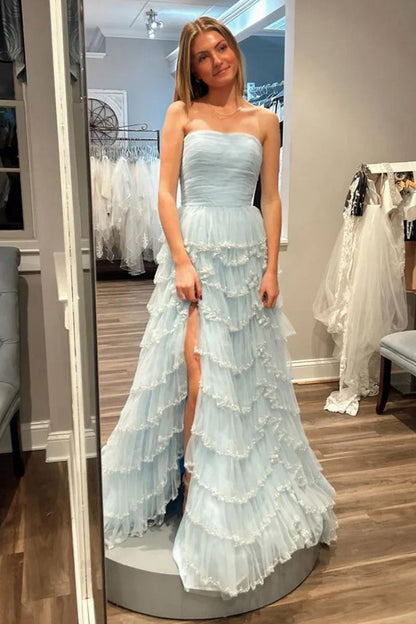 Strapless Layered Tulle Prom Dresses with Sequins
