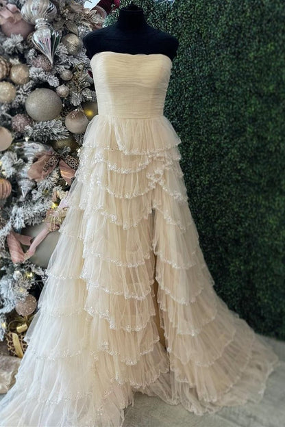 Strapless Layered Tulle Prom Dresses with Sequins