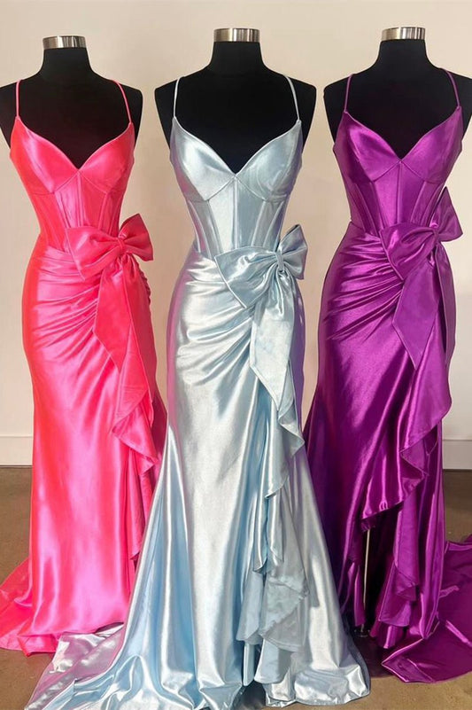 Straps V-Neck Satin Mermaid Prom Dresses with Bow