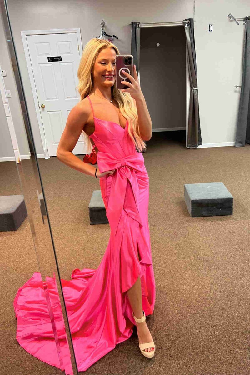 Straps V-Neck Satin Mermaid Prom Dresses with Bow