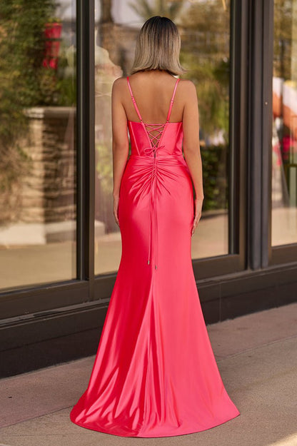 Straps V-Neck Satin Mermaid Prom Dresses with Bow