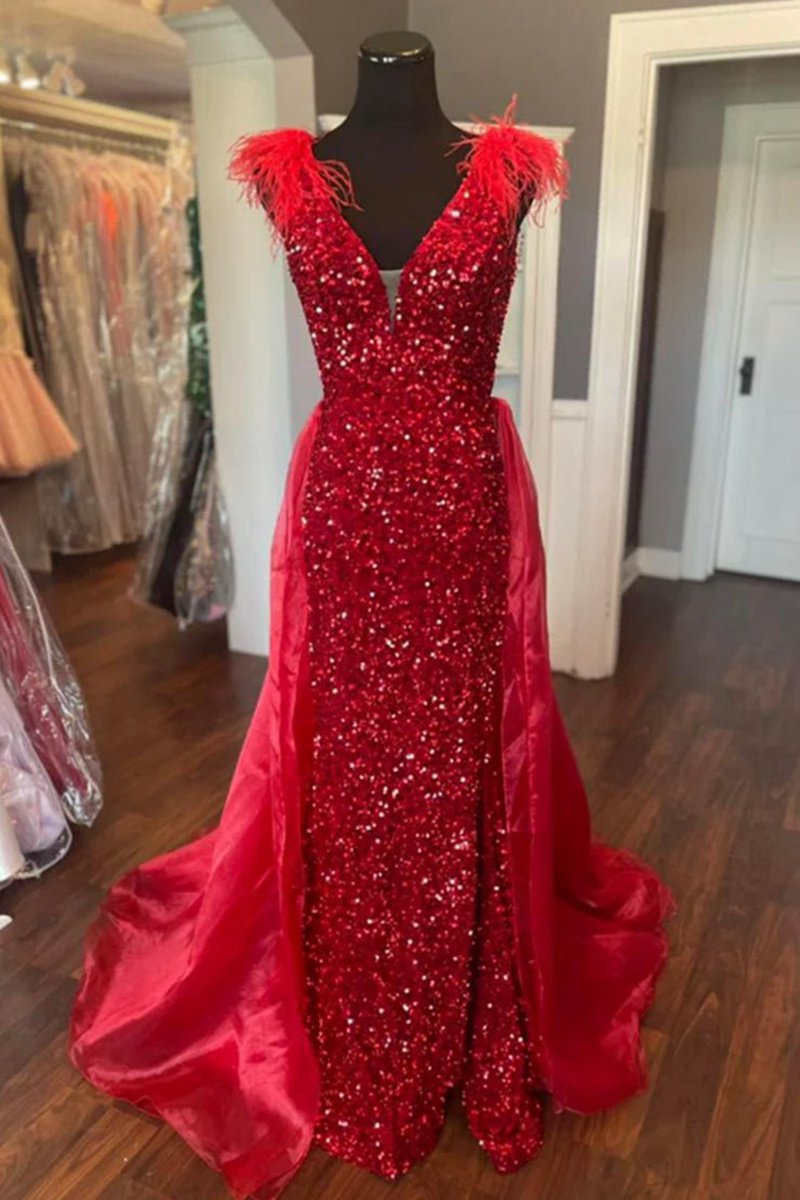 V-Neck Sequin Feathers Long Prom Dresses with Cape