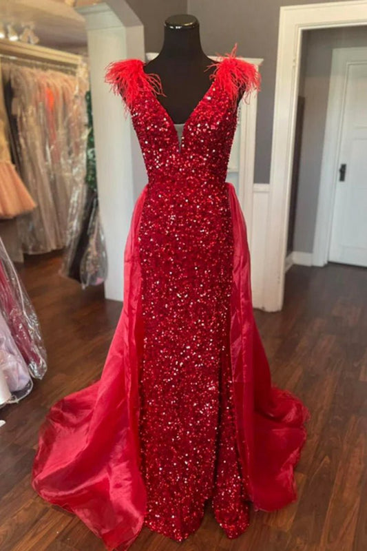 V-Neck Sequin Feathers Long Prom Dresses with Cape