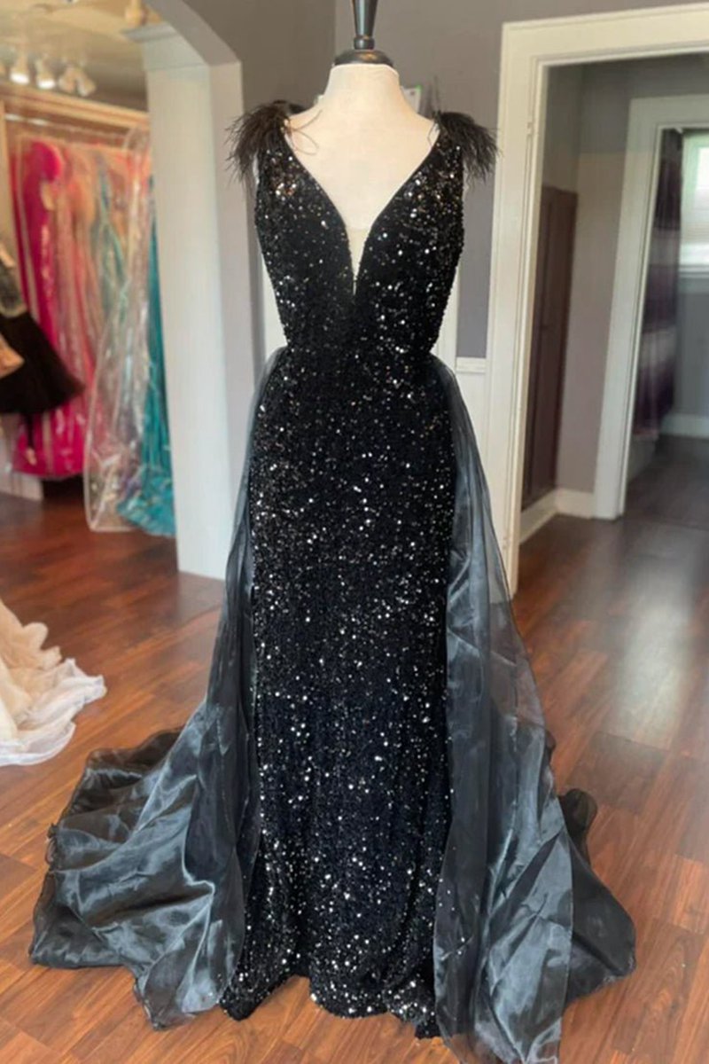 V-Neck Sequin Feathers Long Prom Dresses with Cape