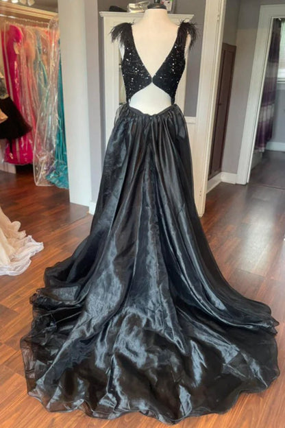 V-Neck Sequin Feathers Long Prom Dresses with Cape