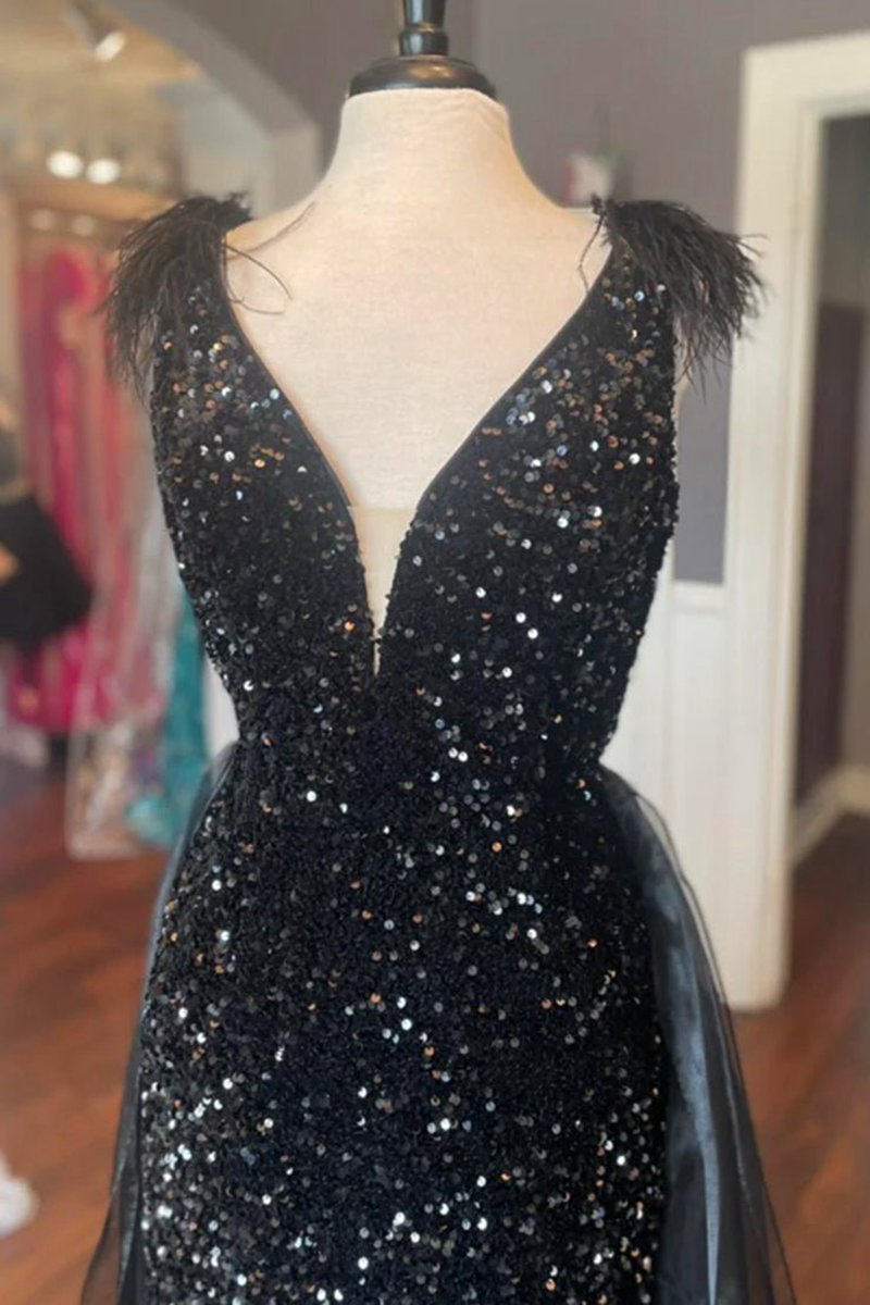 V-Neck Sequin Feathers Long Prom Dresses with Cape