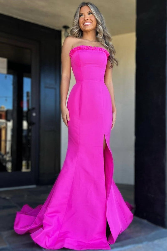 Strapless Maganta Ruffle Mermaid Slit Long Prom Dresses