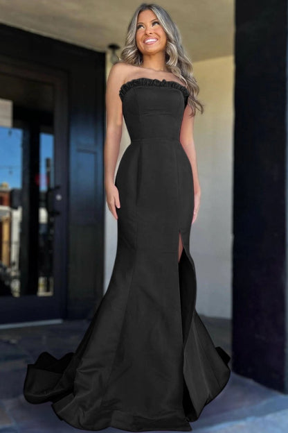 Strapless Maganta Ruffle Mermaid Slit Long Prom Dresses