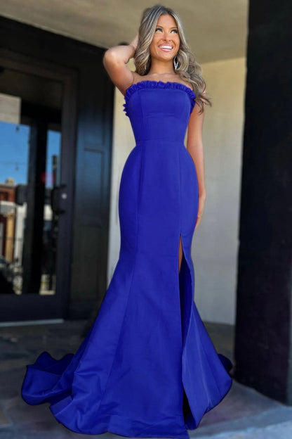 Strapless Maganta Ruffle Mermaid Slit Long Prom Dresses