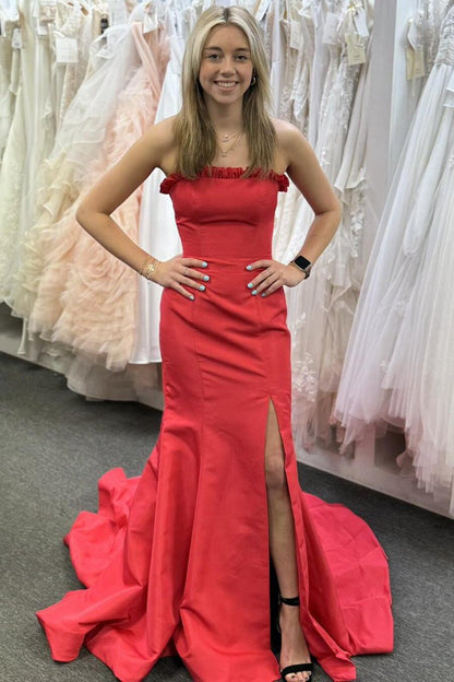 Strapless Maganta Ruffle Mermaid Slit Long Prom Dresses