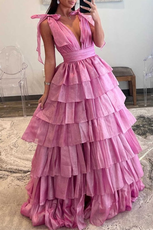 Glitter Tie Straps Plunging Neck Tie Long Prom Dresses