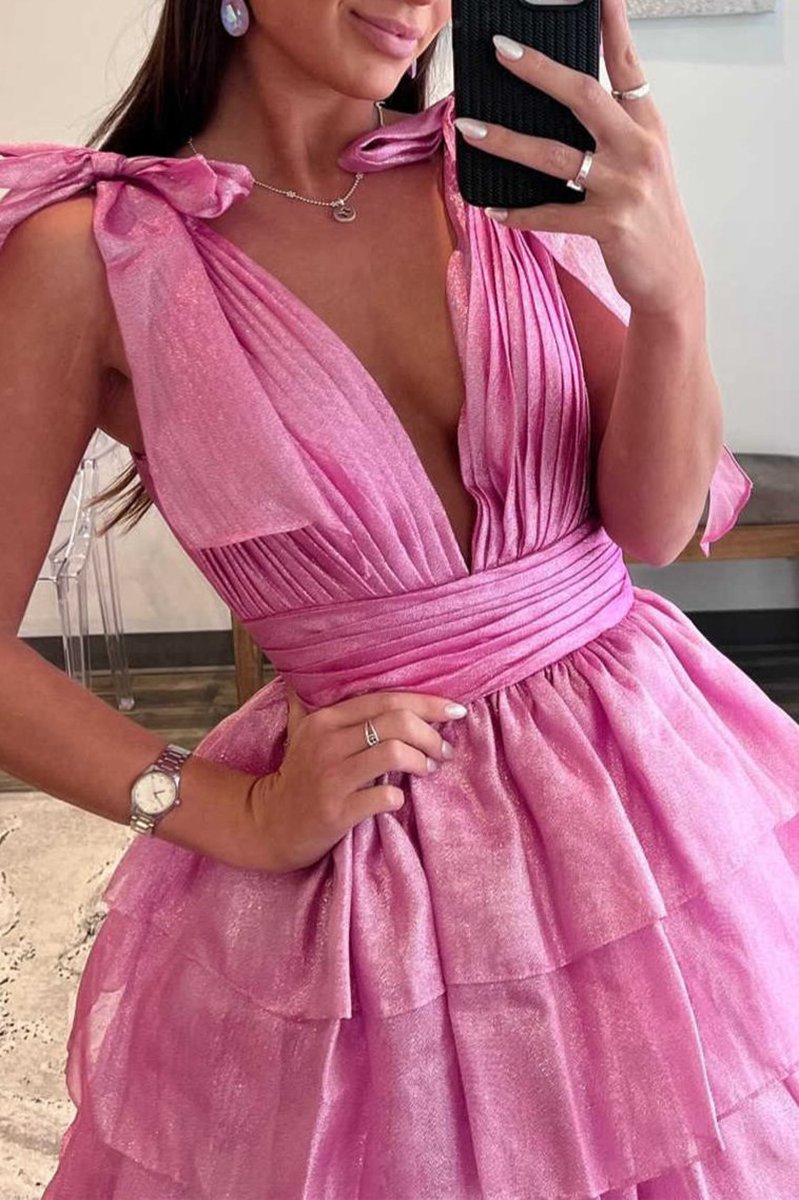 Glitter Tie Straps Plunging Neck Tie Long Prom Dresses