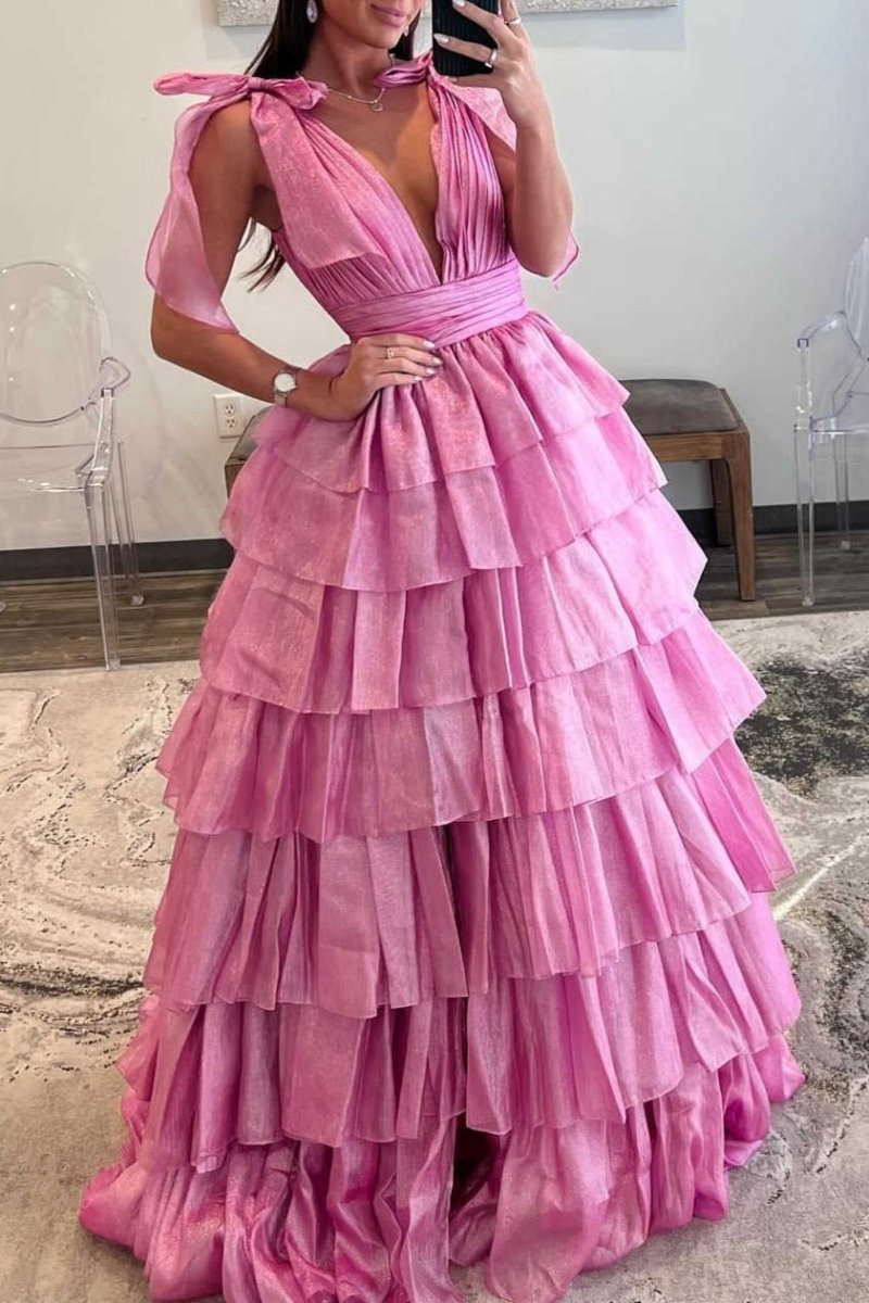 Glitter Tie Straps Plunging Neck Tie Long Prom Dresses
