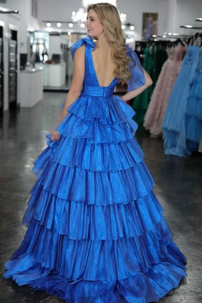 Glitter Tie Straps Plunging Neck Tie Long Prom Dresses