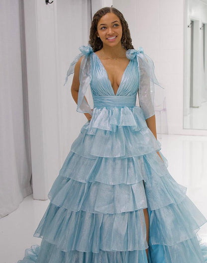Glitter Tie Straps Plunging Neck Tie Long Prom Dresses