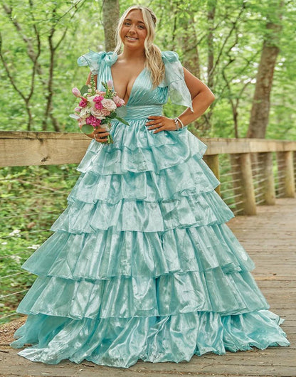 Glitter Tie Straps Plunging Neck Tie Long Prom Dresses